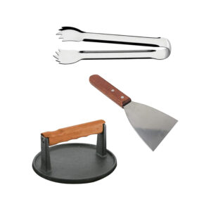 Kit Parrillero Pinza, Espátula y Prensadora para Hamburguesa